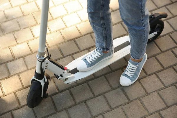 Woman Riding Electric Kick Scooter Outdoors Closeup — Stock Photo, Image