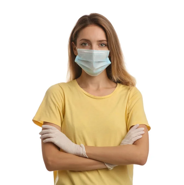 Young Woman Medical Gloves Protective Mask White Background — Stock Photo, Image