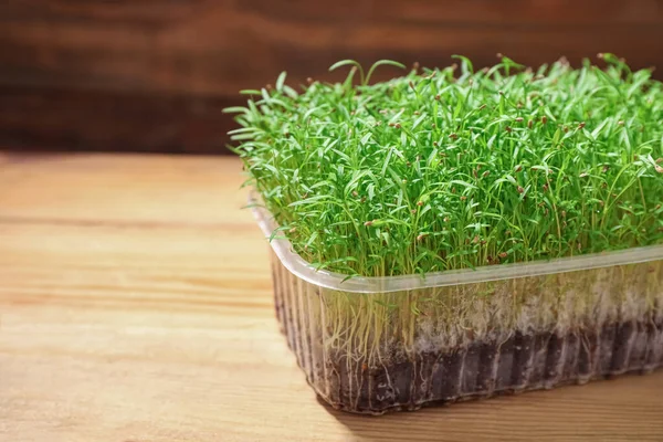 Vers Organisch Microgroen Houten Tafel Close Ruimte Voor Tekst — Stockfoto