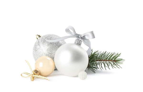 Belles Boules Noël Branche Sapin Sur Fond Blanc — Photo