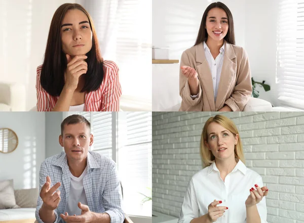 Coworkers using video chat to work remotely. People on display, views through camera