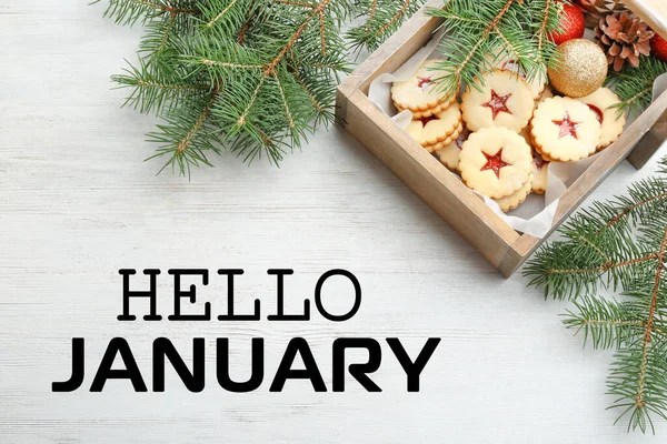 Hallo Januari Wenskaart Linzer Koekjes Met Zoete Jam Sparren Takken — Stockfoto