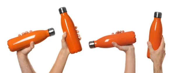 Människor Som Håller Orange Termos Flaskor Collage Bilder Vit Bakgrund — Stockfoto