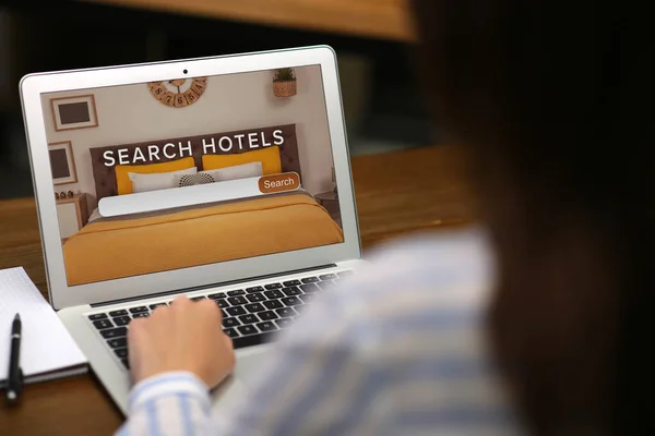 Woman Searching Hotel Using Laptop Table Closeup Booking Online Service — Stock Photo, Image