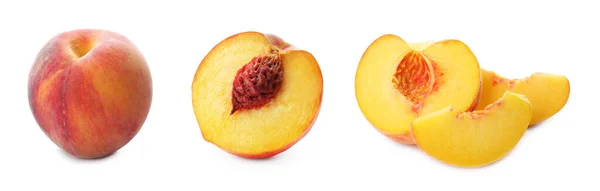 一套白色背景的成熟桃子 横幅设计 — 图库照片