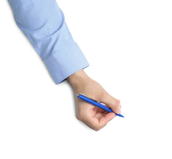 Man Met Pen Witte Achtergrond Bovenaanzicht Nauwkeurige Hand — Stockfoto