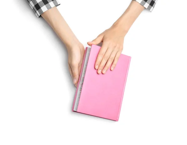 Mulher Com Caderno Sobre Fundo Branco Vista Superior Fechar Mãos — Fotografia de Stock
