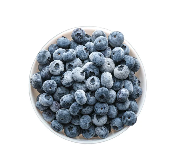 将蓝莓放入碗中 与白色 顶视图隔离 有冰冻的味道 — 图库照片