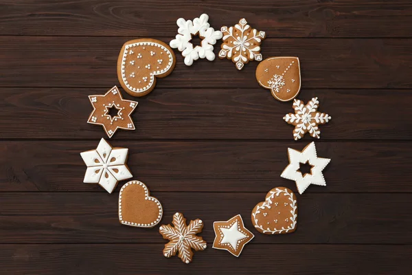 Frame Different Delicious Christmas Cookies Wooden Table Flat Lay Space — Stock Photo, Image