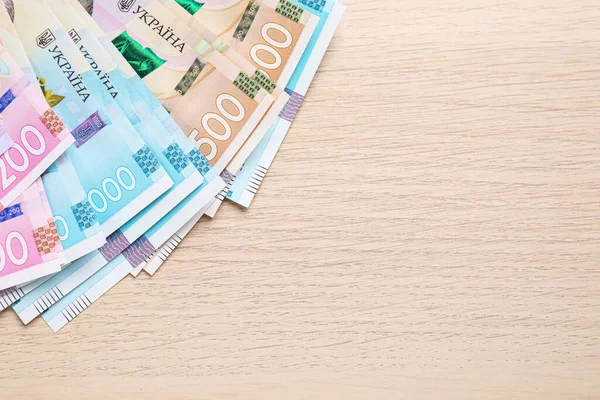 Ukrainisches Geld Auf Hölzernem Hintergrund Flach Gelegt Raum Für Text — Stockfoto