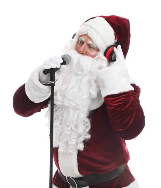 Beyaz Arka Planda Kulaklığı Mikrofonu Olan Noel Baba Noel Müziği — Stok fotoğraf