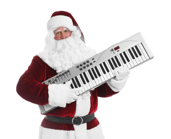 Święty Mikołaj Syntezatorem Białym Tle Muzyka Świąteczna — Zdjęcie stockowe