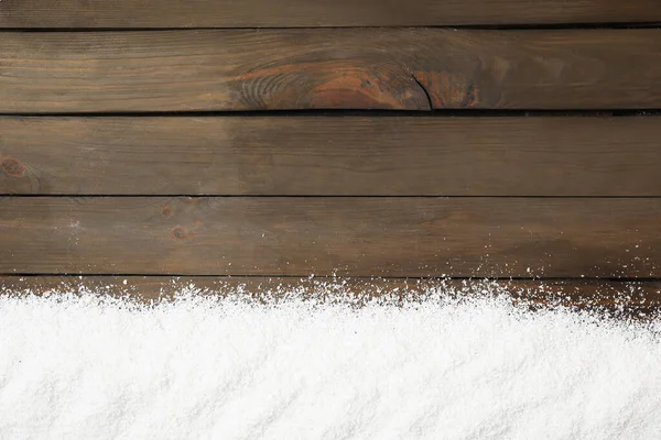 Kunstmatige Sneeuw Houten Achtergrond Bovenaanzicht Met Ruimte Voor Tekst Kerstdecor — Stockfoto