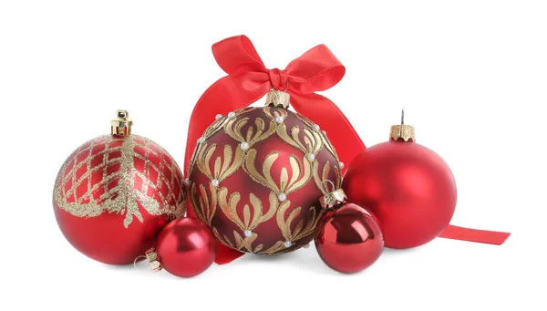 Set Van Mooie Rode Kerstballen Witte Achtergrond — Stockfoto