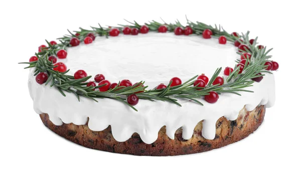 Traditioneller Weihnachtskuchen Mit Rosmarin Und Preiselbeeren Auf Weißem Papier — Stockfoto