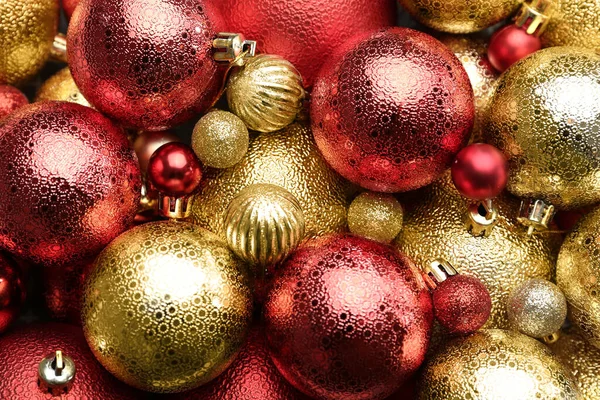 Beautiful Shiny Golden Red Christmas Balls Background Top View Stock Photo