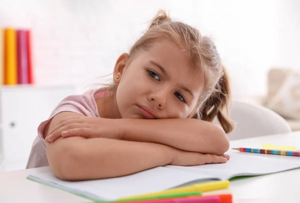 Tired Little Girl Table Doing Homework — Stock Photo, Image