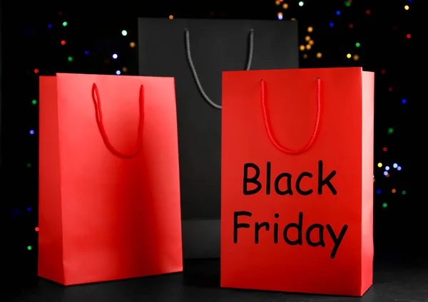 Sacos Compras Papel Contra Luzes Turvas Black Friday Venda — Fotografia de Stock