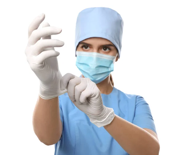 Doctor Beschermende Masker Scrubs Het Aantrekken Van Medische Handschoenen Tegen — Stockfoto