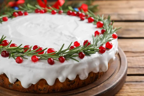 Traditional Christmas Cake Decorated Rosemary Cranberries Wooden Table Closeup — Stock Photo, Image