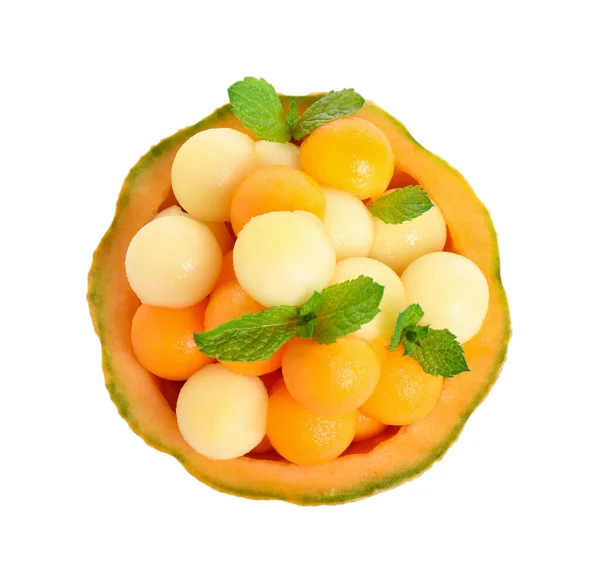 Verschillende Meloen Ballen Met Munt Witte Achtergrond Bovenaanzicht — Stockfoto