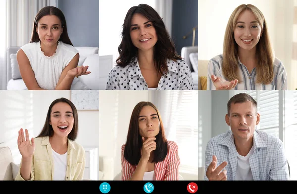 Los Compañeros Trabajo Que Utilizan Chat Vídeo Para Trabajar Forma — Foto de Stock