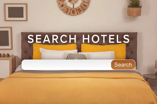 Booking Online Service Search Bar Beautiful Hotel Room Background — Stock Photo, Image