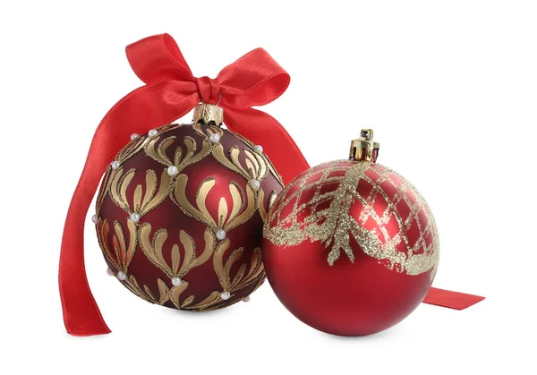 Twee Mooie Kerstballen Witte Achtergrond — Stockfoto