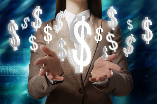 Έννοια Ανταλλαγής Χρημάτων Επιχειρηματίας Σύμβολα Νόμισμα Δολάριο Μπλε Φόντο Closeup — Φωτογραφία Αρχείου