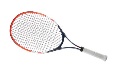 Tenis raketi beyaza izole edilmiş. Spor malzemeleri.