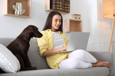 Oturma odasında köpeğinin yanında laptopta çalışan göz bantlı genç bir kadın. Merkez ofis kavramı