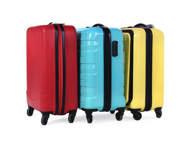 Stylish Suitcases Packed Travel White Background Summer Vacation — Stock Photo, Image