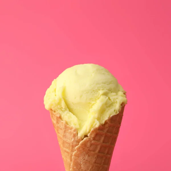 Delicious Yellow Ice Cream Waffle Cone Pink Background Closeup — Stok Foto