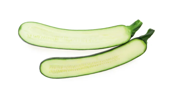 Hälften Reifer Zucchini Auf Weißem Hintergrund Draufsicht — Stockfoto