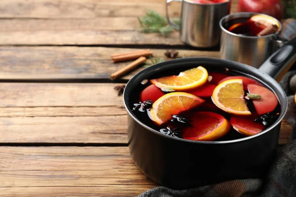 Delicious Mulled Wine Ingredients Wooden Table Space Text — Stock Photo, Image