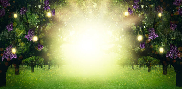 Fantasy world. Trees with magic lights and blossoming flowers in enchanted forest, banner design