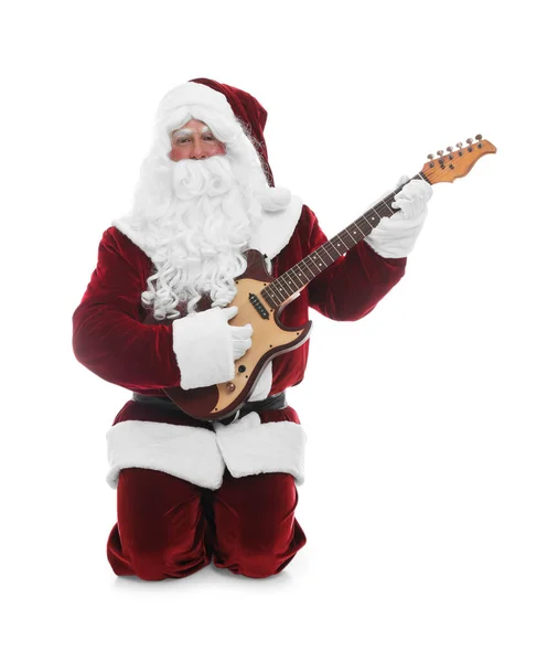 Papai Noel Tocando Guitarra Elétrica Fundo Branco Música Natal — Fotografia de Stock