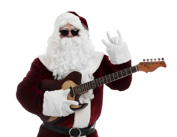 Jultomten Med Elgitarr Vit Bakgrund Julmusik — Stockfoto