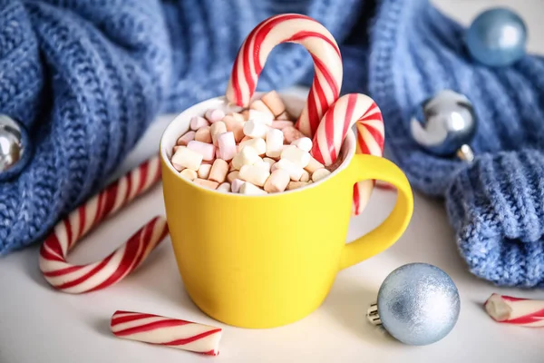 Cup Tasty Cocoa Marshmallows Candy Canes Christmas Decor White Table — Stock Photo, Image