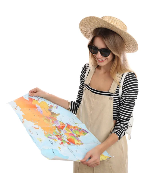 Mulher Com Mapa Sobre Fundo Branco Viagem Verão — Fotografia de Stock