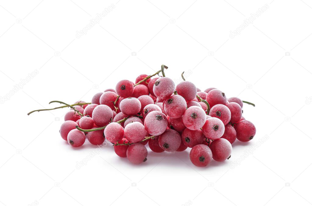 Heap of tasty frozen red currants on white background