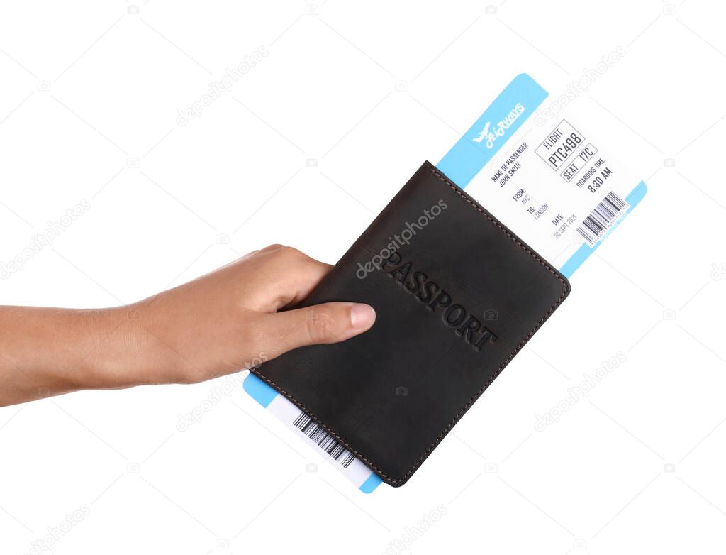 Woman holding passport and ticket on white background, closeup. Travel agency concept