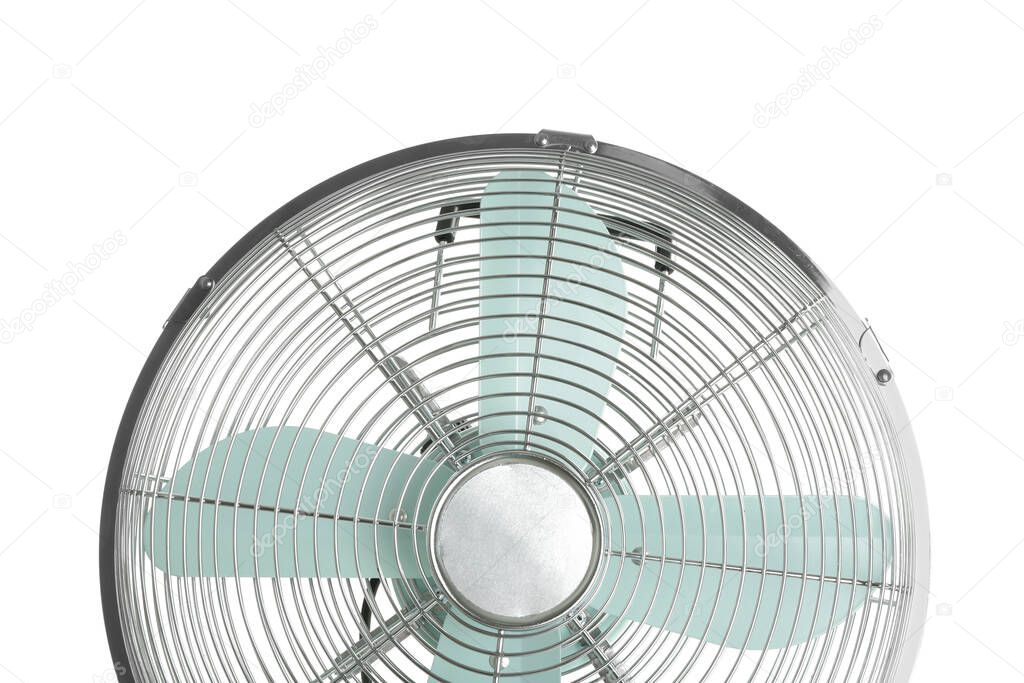 Electric fan on white background, closeup. Summer heat