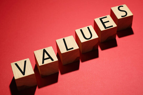 Wooden cubes with word VALUES on red background