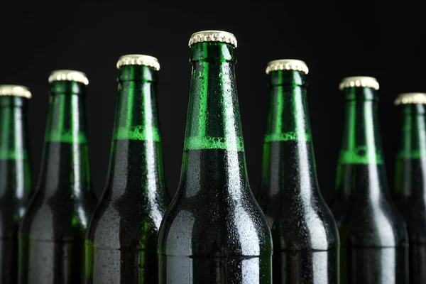 Bottles Beer Black Background Closeup — Stock Photo, Image
