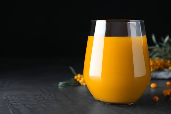 Sea Buckthorn Juice Black Table Closeup Space Text — Stock Photo, Image