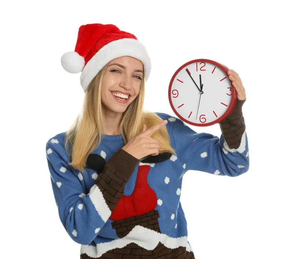 Mujer Sombrero Santa Con Reloj Sobre Fondo Blanco Cuenta Atrás —  Fotos de Stock