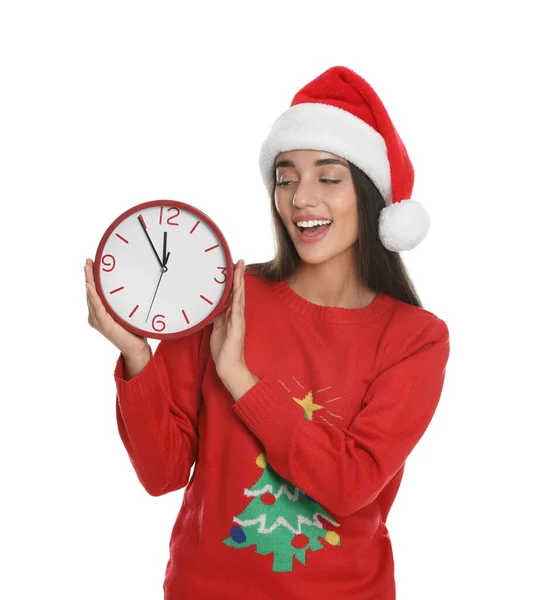 Femme Chapeau Père Noël Avec Horloge Sur Fond Blanc Compte — Photo