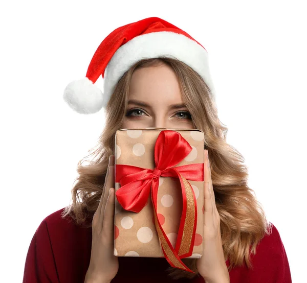 Jovem Feliz Usando Chapéu Papai Noel Com Presente Natal Fundo — Fotografia de Stock