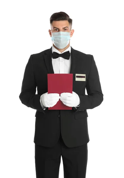 Σερβιτόρος Ιατρική Μάσκα Προσώπου Μενού Λευκό Φόντο — Φωτογραφία Αρχείου